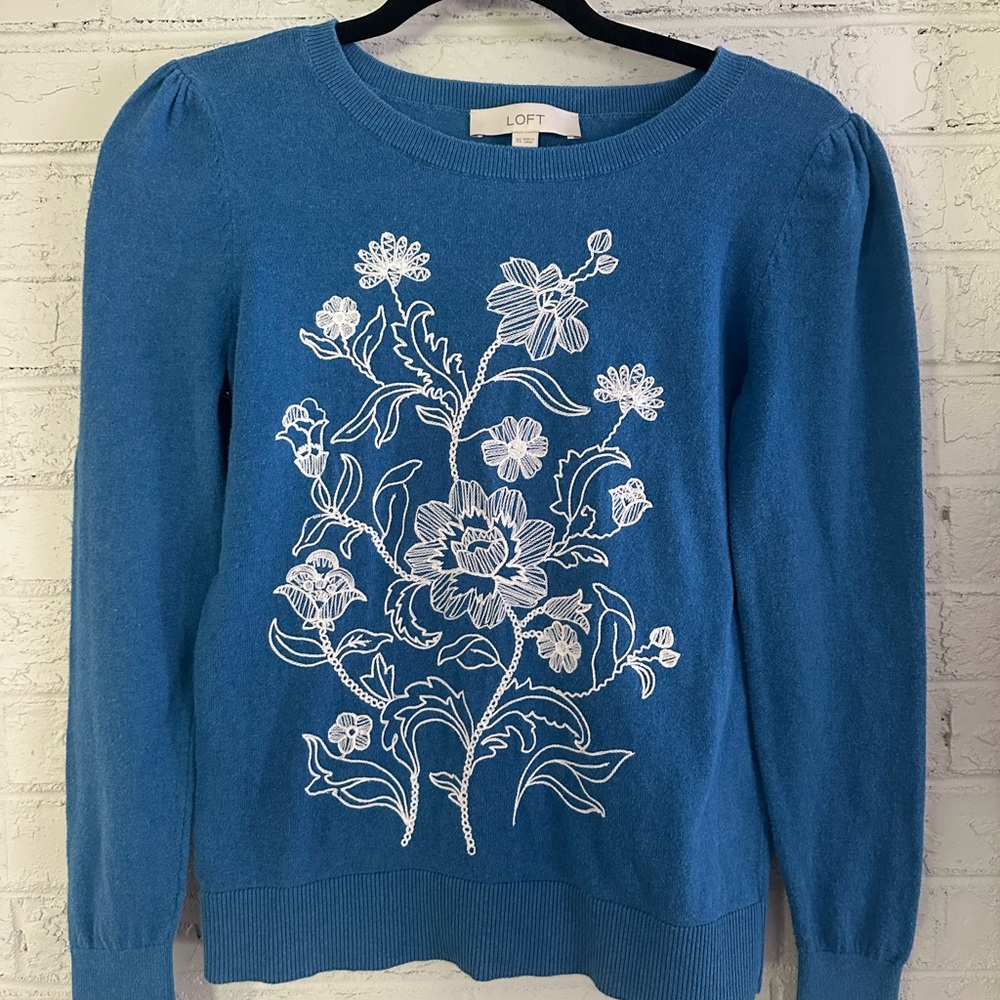 LOFT Blue Crew Neck Sweater with Floral Design